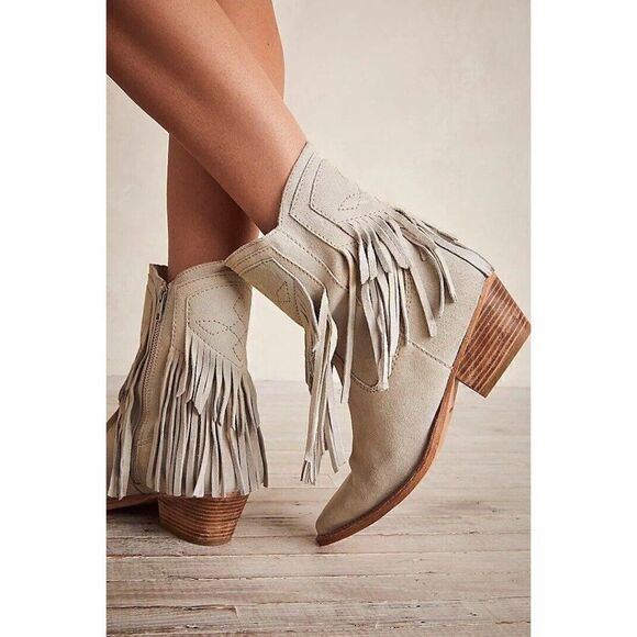 NEW FREE PEOPLE LAWLESS FRINGE WESTERN SUEDE ANKLE BOOT IN BONE - Picture 3 of 5
